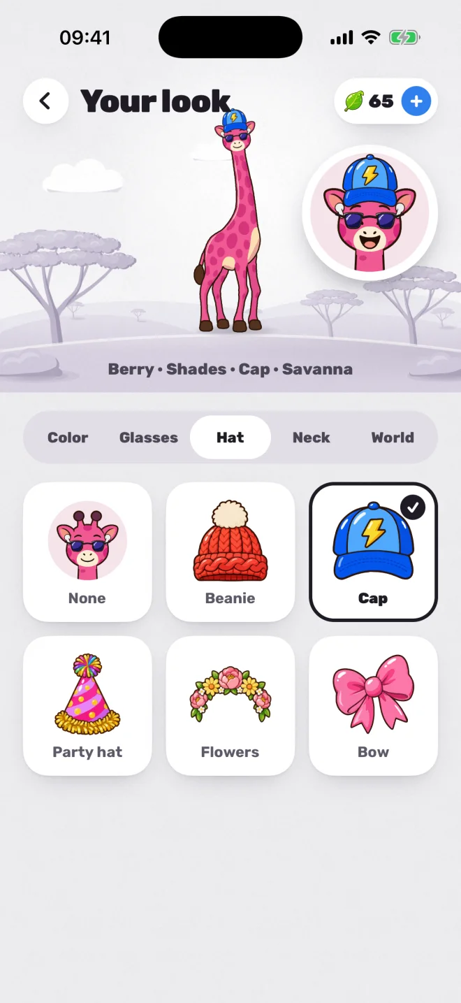 HeadUp's outfit editor: a berry-coloured giraffe in shades and a cap, choosing its hat